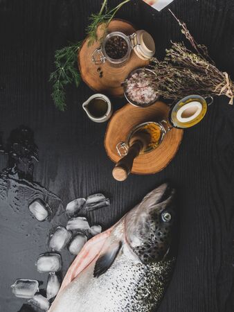 Salmon fish in ice cubes, Raw salmon fish whole with ingredients for cookings on black wooden table. Top view. Tonedの写真素材
