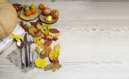 Thanksgiving dinner background with pumpkins, fall leaves, table setting, physalis, top view, copy space, autumn cutlery conceptの写真素材