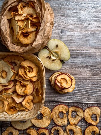 healthy vegan vegetarian fruit snack or ingredient for cooking, organic dehydrated applesの写真素材