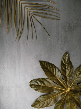 Leaf pattern. Gold color tropical leaves on gray background. Summer concept. Flat lay, top view, copy space, squareの写真素材