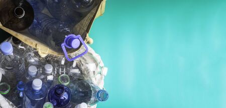 Banner of Transparent plastic bottles recycling in eco bag, recycle concept