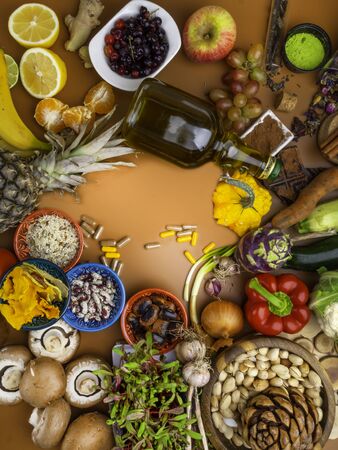 Mixed colorful foods contains antioxidants, vitamins, fiber. Immune boosting products. Healthy clean concept. Superfoods. Detoxの写真素材