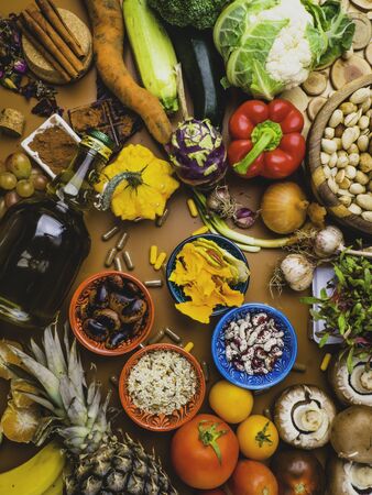 Mixed colorful foods contains antioxidants, vitamins, fiber. Immune boosting products. Healthy clean concept. Superfoods. Detoxの写真素材