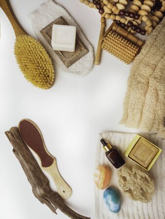 Zero waste home self care products for body, brush, massage tools, soap. Minimalism. Ecological products for woman. Zero Waste Lifestyle. Copy spaceの写真素材