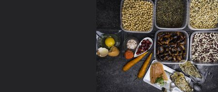 Assortment of healthy food containing iodine. Natural products rich in I, vitamins, micronutrients....
