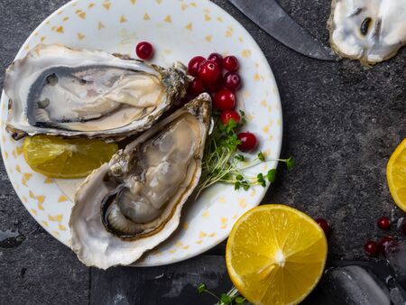 Oysters heart shape in plate with ice, lemon, cranberries, microgreens, knife, shells on marble. Delicacy super food, rich in antioxidants, vitamin, zincの写真素材