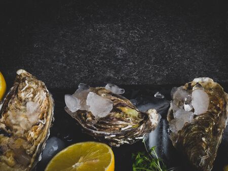 fresh oysters in stone slate with ice, lemon slices, delicatessen expensive food, rich in zinc,...