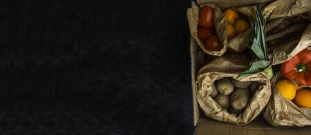 natural on a eco friendly paper bags full of vegetables and fruits, rich in antioxidants, vitamin, fiber, different health food, top view, zero wasteの写真素材