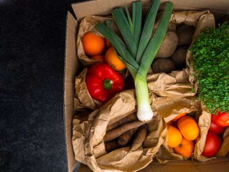 Healthy food clean eating selection fruit and vegetable, rich in vitamin and antioxidants. Eco-friendly paper packaging reusable bag, Plastic free Zero waste lifestyle, matte tonedの写真素材