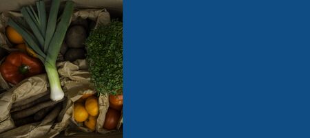 Full zero waste paper bags of different health food, vegetables and fruits, health food, rich in...