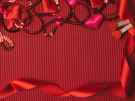 Poster with red and pink hearts, sparkles, glitter, Happy Valentines Day on festive background. Wallpaper for Valentines Day. Weeding. Love conceptの写真素材