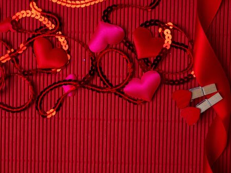 Poster with red and pink hearts, sparkles, glitter, Happy Valentines Day on festive background. Wallpaper for Valentines Day. Weeding. Love conceptの写真素材