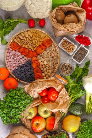 healthy clean food selection for fitness and to boost immune system, high in antioxidants, anthocyanins, smart carbs, omega 3, minerals and vitamins, heart healthの写真素材