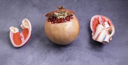 red juicy pomegranate and heart shape, healthy foodの写真素材