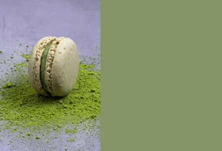 green macaron from japanese matcha powder, Asian sweet dessert, selective focus, copy spaceの写真素材