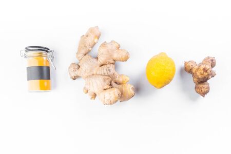 Superfoods. Lemon, turmeric, ginger, curcuma Healthy concept, Antiviral beverage. Immune boosting remedy foodsの写真素材
