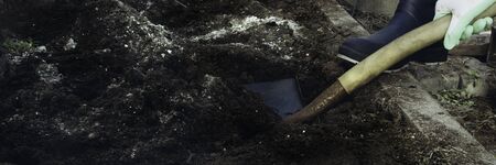 farmer digs a hole by shovel in garden, feet and shovel, agriculture, gardening work, preparing...
