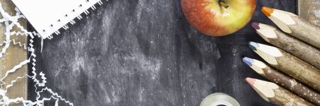 blackboard and school supplies, back to school concept, School Accessories with copy space,...