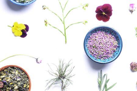 blurred herbal leaf and flower over white background, natural herbal medicine, homeopathic conceptの写真素材