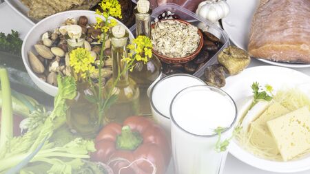 Food for a balanced diet. Composition with variety healthy protein product source and body building food concept. Food rich in vitamin, antioxidant, mineral. Close up. Selective focus,の写真素材