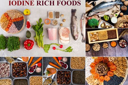 assortment of Food rich of iodine, healthy food containing iodine, vitamins, antioxidants and micronutrientsの写真素材