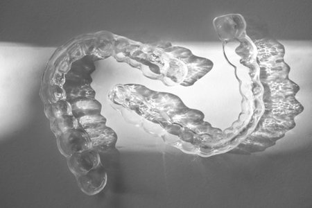 Modern tooth transparent aligners or braces to straighten teeth in cosmetic dentistry and...