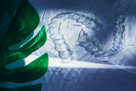 Invisible modern dental teeth removable brackets or aligners, retainers to straighten teeth. Decorated with modern monstera green leaf. Orthodontic themeの写真素材