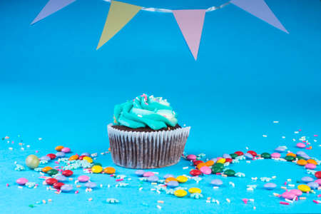 Cupcake with whipped cream in a blue background, decorated with sugar snowflakes, sprinkles,...