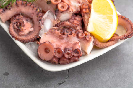 Fresh octopus salad with lemon and dill, ice cubesの写真素材