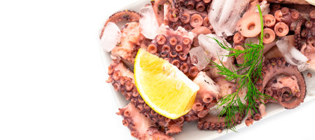 Fresh octopus salad with lemon and dill, ice cubesの写真素材