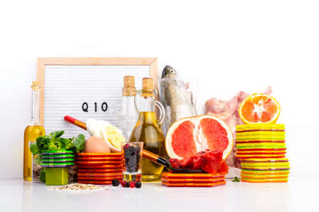 Composition with food contains coenzyme Q10, antioxidant, produce energy to cell, products against...