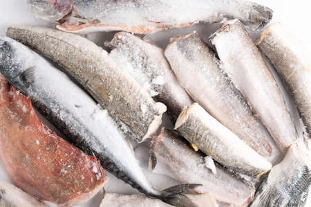 variety of frozen sea sustainable food, fish, shrimps, mackerel, hake, perch, trout, salmon with ice in market, fish storeの写真素材