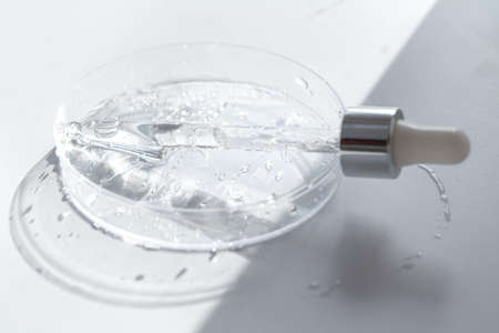 Liquid gel or hyaluronic serum acid in petri