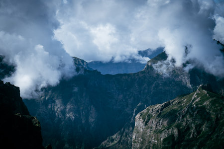 Clouds over the mountains in the trekking trail. Madeira Island, Portugalの写真素材