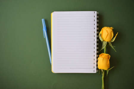 A notebook, a pen and two yellow rosesの写真素材