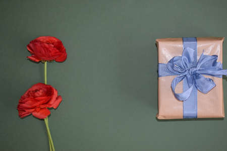 A gift and two red roses, on a green backgroundの写真素材