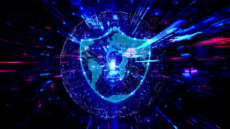 Cybersecurity Concept with Virtual Padlock on Abstract Backgroundの写真素材