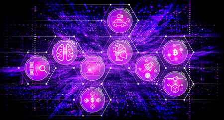 Disruptive Innovation - Disruptive Technologies Concept - Illustration with Genomics, AI, Fintech, Next Gen Internet, Autonomous Vehicles, Robotics, 3D Printing, Cryptocurrencies and Space Exploration Iconsの写真素材