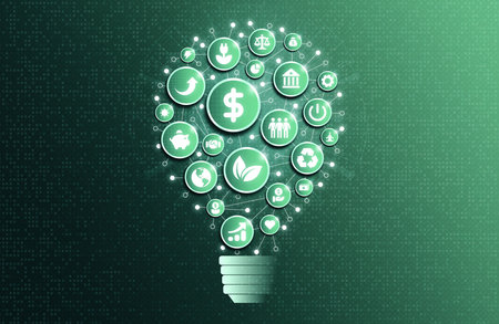 ESG Investing - Environmental, Social and Corporate Governance - Sustainable Investing Concept - Socially Responsible Investing Concept - Illustration with Bright Light Bulb and Environmental, Social and Corporate Iconsの写真素材