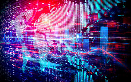 Financial Technology Concept - Fintech - Abstract Technology Background with World Map and Financial Charts on Tech Backgroundの写真素材