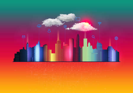 Smart Digital City - The New Urban Technological Infrastructure - Colorful Illustration with Urban Buildings Connected to Virtual Cloudsの写真素材