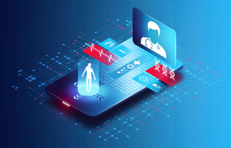 Virtual Healthcare and Telemedicine - Concept with Mobile Device, Doctor, Patient and Healthcare Icons - 3D illustrationの写真素材