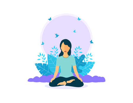 Woman Meditating Surrounded by Butterflies and Hummingbirds - Connection to Natureの写真素材