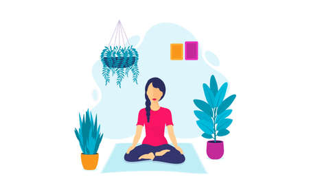 Young Woman Meditating Indoors Surrounded by Plants - Meditation Conceptの写真素材