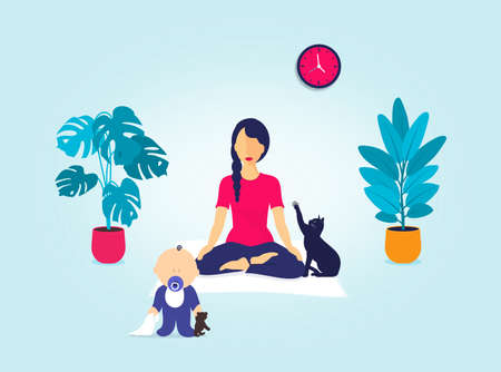 Young Woman Trying to Relax Surrounded by Her Baby and Cat - Hectic Life Conceptの写真素材