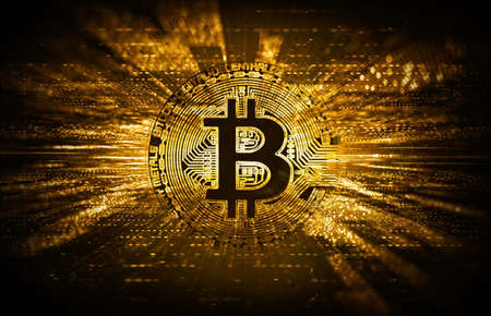Bitcoin - Cryptocurrency - Golden Bitcoin on Futuristic Backgroundの写真素材