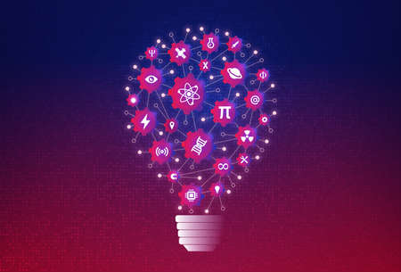 STEM Education - Hard Sciences - Technical Fields of Knowledge - Exact Sciences Concept with Light Bulb and STEM-related Iconsの写真素材