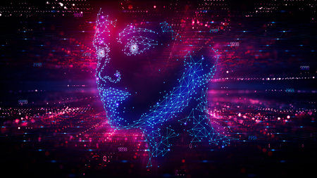 Artificial Intelligence Conscience - Existential Risk from Artificial General Intelligence - AGI - AI Takeover Concept with Digital Face on Tech Backgroundの写真素材