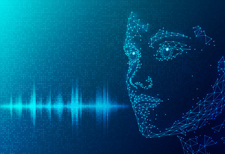 Natural Language Processing - NLP - Speech Recognition - Computational Linguistics Concept with Sound Wave and Digital Robotic Faceの写真素材