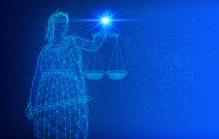 Cyberlaw and Information Technology Law - Digital Lady Justice on Abstract Technology Background - Conceptual Illustrationの写真素材